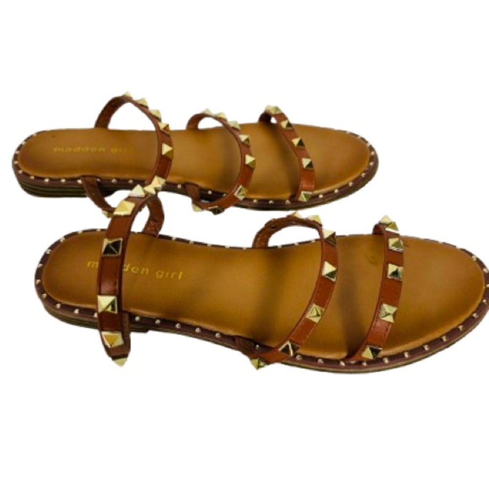 Madden Girl Tan Leather Slide Sandals with Gold Studs